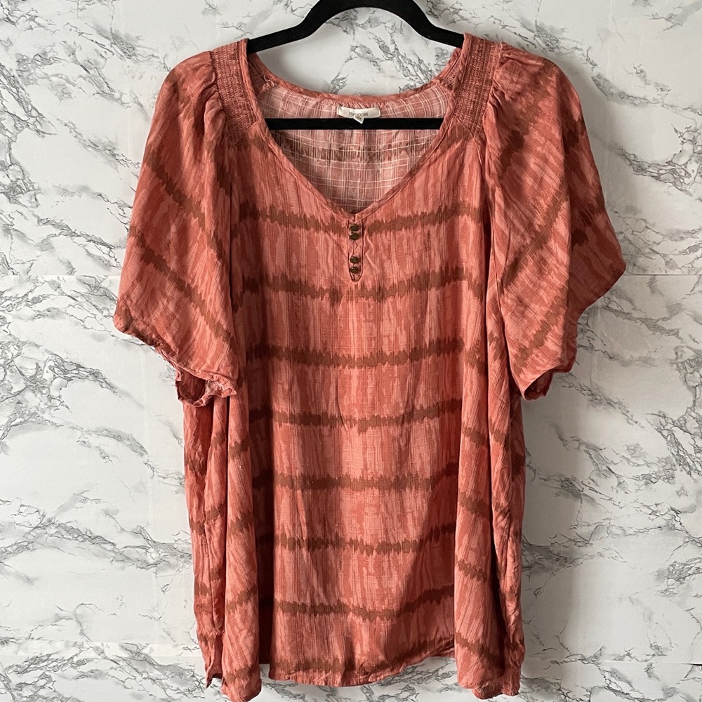 Maurices 2X Coral/Brown Tie-Dye Blouse